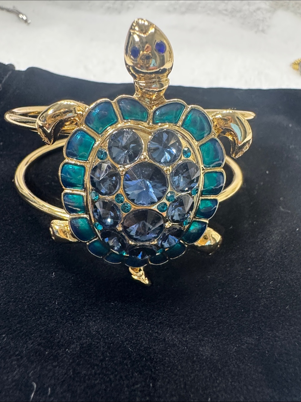 Source Unknown Gold-Tone Turtle Cuff Bracelet with Teal and Blue Accents